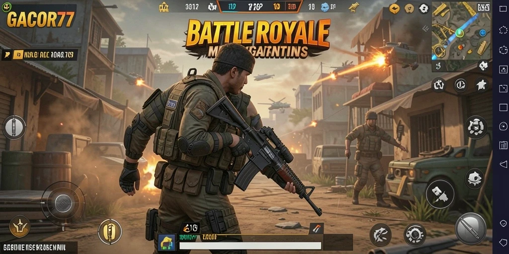 Screenshot GACOR77 yang menunjukkan pertempuran seru di arena Battle Royale.