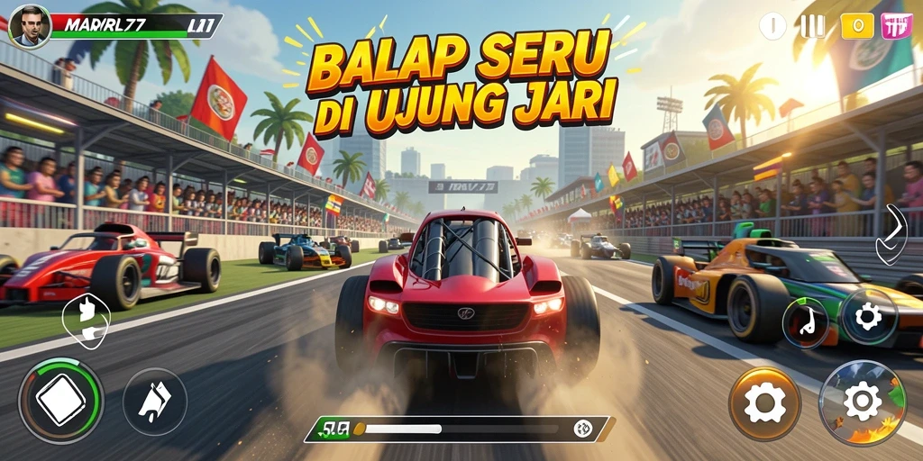 Screenshot gameplay MARVRL77 menampilkan balapan seru dan mobil yang memukau.